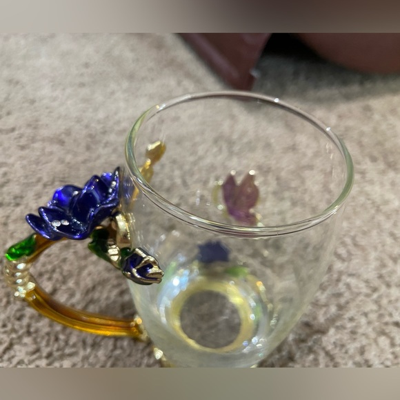 ARC of France Glass Coffee Tea Handled Cup Jeweled Enamel Blue Rose Butterfly - Picture 3 of 10